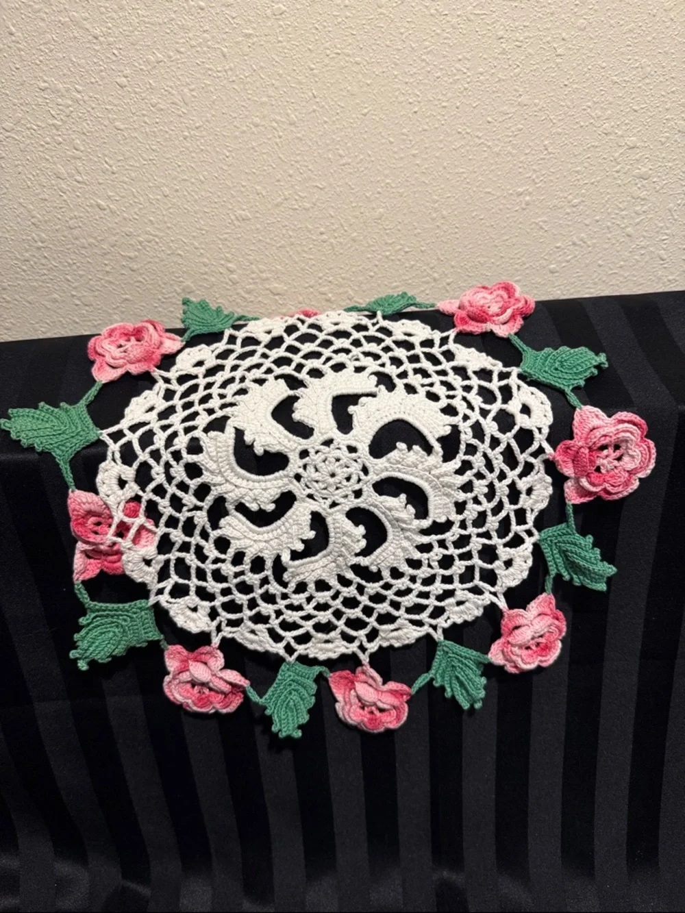 Handmade Irish Rose Crochet Doily with Multi-toned Pink Roses and Greenery